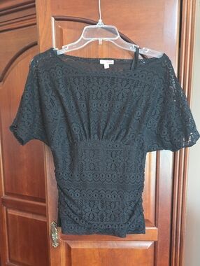 BONGO Black Crochet Lace Short Sleeve Med Top